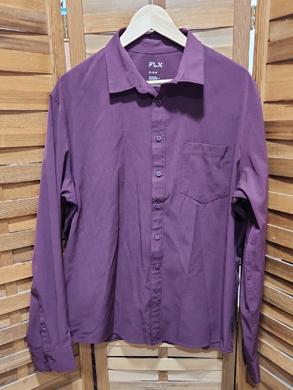 FLX Men XL Slim Long-Sleeve Dress Shirt Dark Red Purple Recycled Polyester
